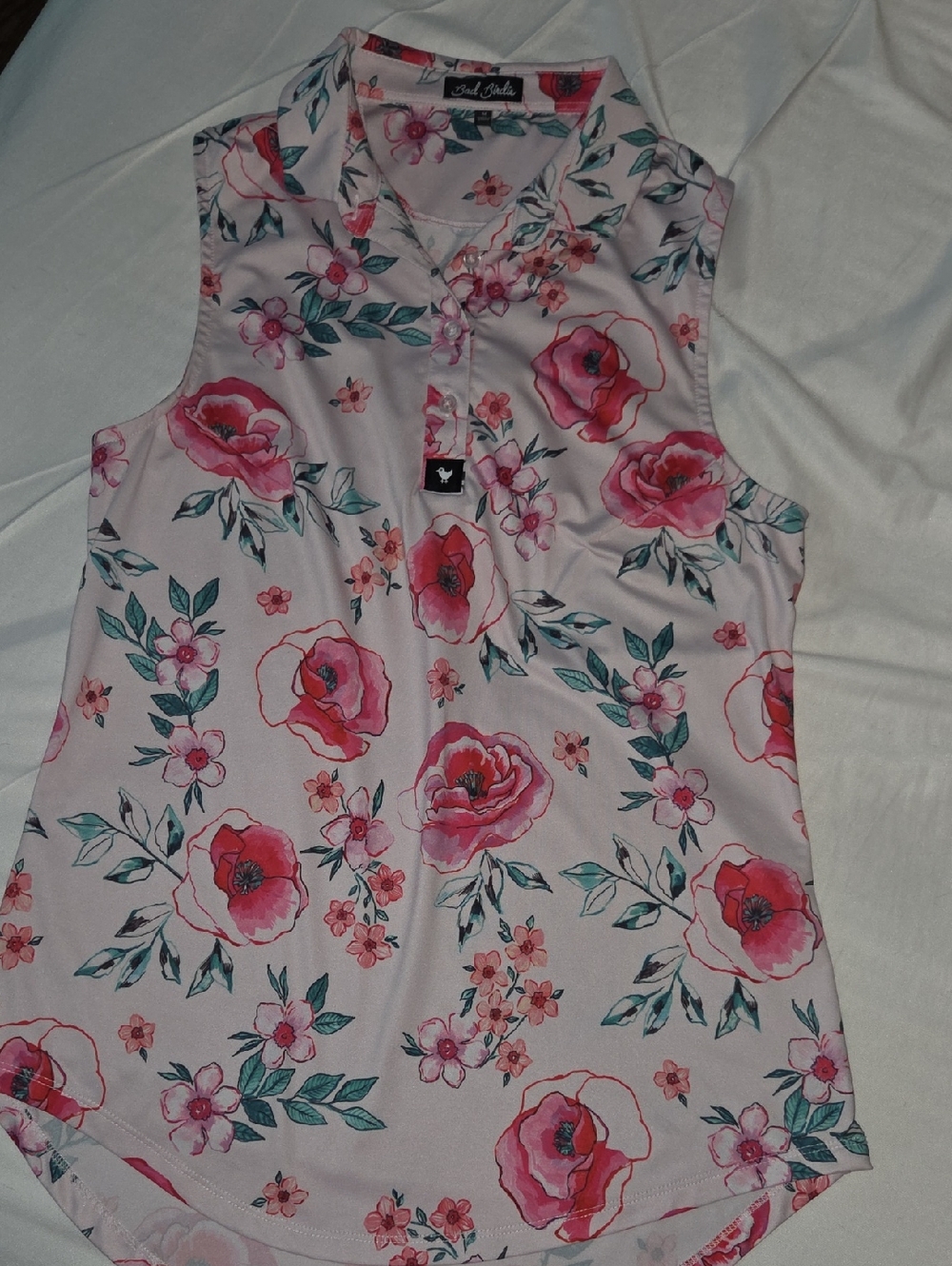 Bad Birdie Womens Sleeveless Floral Gold Polo Top - Pink